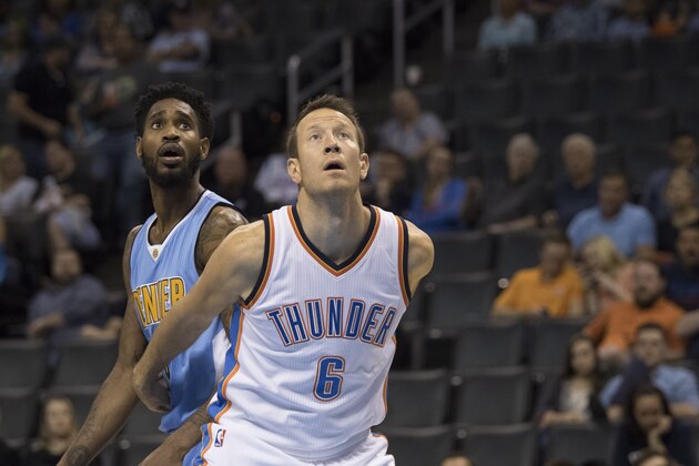 OKLAHOMA CITY, OK - OCTOBER 18:  Will Barton #5 of the Denver Nuggets and Steve Novak #6 of the Oklahoma City Thunder during the fourth quarter of a NBA preseason game at the Chesapeake Energy Arena on October 18, 2015 in Oklahoma City, Oklahoma. NOTE TO USER: User expressly acknowledges and agrees that, by downloading and or using this photograph, User is consenting to the terms and conditions of the Getty Images License Agreement. (Photo by J Pat Carter/Getty Images)