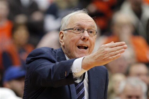 FILE- In this Jan. 30, 2016, file photo, Syracuse head coach Jim Boeheim directs to his players in the first half of an NCAA college basketball game against Georgia Tech in Syracuse, N.Y. Boeheim was suspended earlier this season by the NCAA as part of penalties handed down last March in an eight-year infractions case at Syracuse. Meanwhile, North Carolina’s long-running academic fraud scandal case seems stuck in procedural limbo.  The NCAA charged the school in May with five violations, including lack of institutional control, but there has been little movement since.  (AP Photo/Nick Lisi, File)