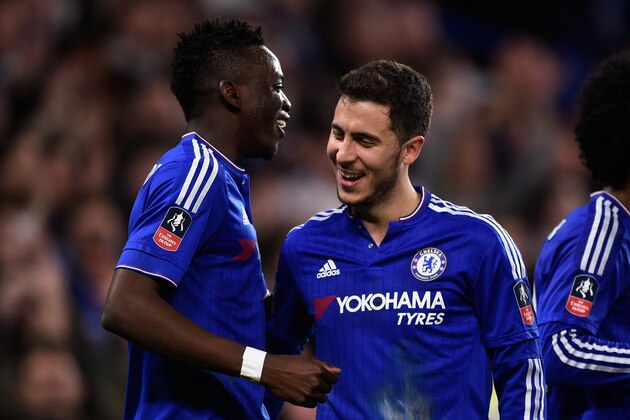 LONDON, ENGLAND - FEBRUARY 21:  Bertrand Traore of Chelsea is congratulated by teammate Eden Hazard (R) after scoring his team's fifth goal during The Emirates FA Cup fifth round match between Chelsea and Manchester City at Stamford Bridge on February 21, 2016 in London, England.  (Photo by Mike Hewitt/Getty Images)