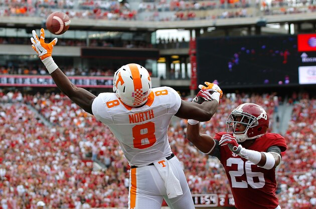 TUSCALOOSA, AL - OCTOBER 24:  Marquez North #8 of the Tennessee Volunteers fails to pull in this touchdown reception against Marlon Humphrey #26 of the Alabama Crimson Tide at Bryant-Denny Stadium on October 24, 2015 in Tuscaloosa, Alabama.  (Photo by Kevin C. Cox/Getty Images)