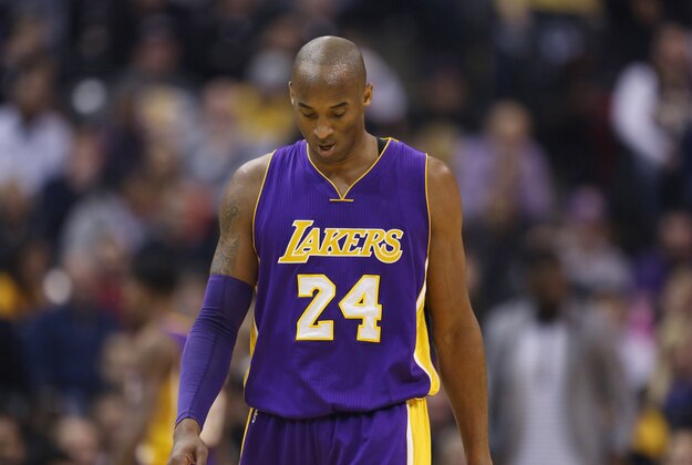 Feb 8, 2016; Indianapolis, IN, USA; Los Angeles Lakers guard Kobe Bryant (24) who is going to retire after the season plays his last game against the Indiana Pacers at Bankers Life Fieldhouse. Mandatory Credit: Brian Spurlock-USA TODAY Sports