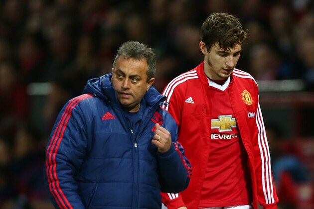 MANCHESTER, ENGLAND - JANUARY 23: Matteo Darmian of Manchester United leaves the pitch after injury during the Barclays Premier League match between Manchester United and Southampton at Old Trafford on January 23, 2016 in Manchester, England.  (Photo by Clive Brunskill/Getty Images)