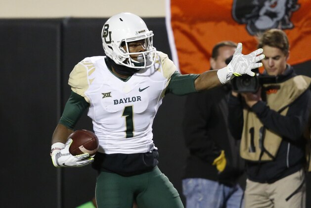 Baylor wide receiver Corey Coleman (1) gestures during an NCAA college football game against Oklahoma State in Stillwater, Okla., Saturday, Nov. 21, 2015. (AP Photo/Sue Ogrocki)