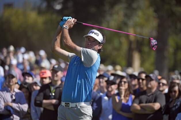 Bubba Watson tees off on the second hole in the fourth round of the Northern Trust Open golf tournament, Sunday, Feb. 21, 2016, in the Pacific Palisades section of Los Angeles.(AP Photo/Mark J. Terrill)
