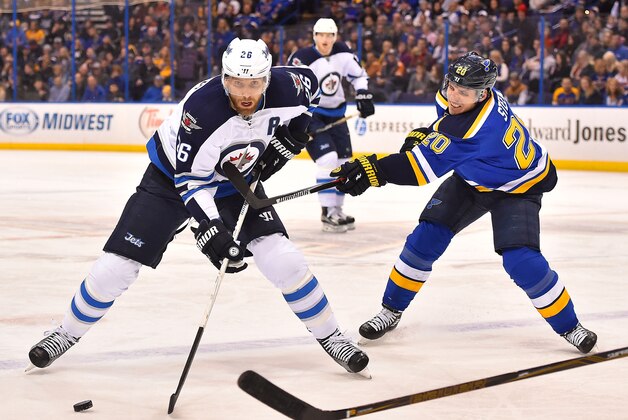 Feb 9, 2016; St. Louis, MO, USA; St. Louis Blues left wing Alexander Steen (20) pressures Winnipeg Jets right wing Blake Wheeler (26) during the first period at Scottrade Center. Mandatory Credit: Jasen Vinlove-USA TODAY Sports