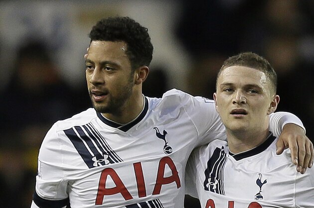 Tottenham’s Kieran Trippier, right, Tottenham’s Mousa Dembele, centre, and Tottenham’s Dele Alli celebrate after the English Premier League soccer match between Tottenham Hotspur and Watford at White Hart Lane in London, Saturday Feb. 6, 2016. (AP Photo/Tim Ireland)