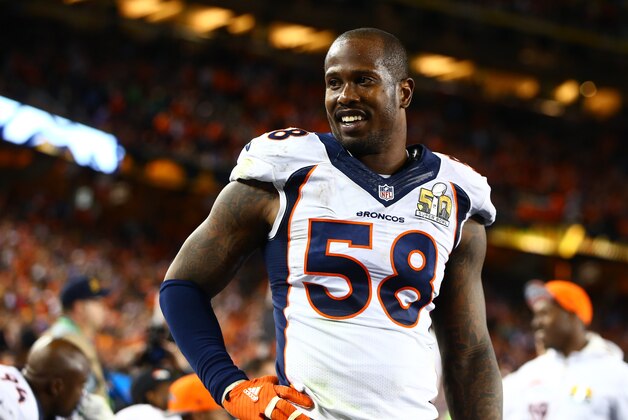 Feb 7, 2016; Santa Clara, CA, USA; Denver Broncos linebacker Von Miller (58) against the Carolina Panthers in Super Bowl 50 at Levi's Stadium. Mandatory Credit: Mark J. Rebilas-USA TODAY Sports