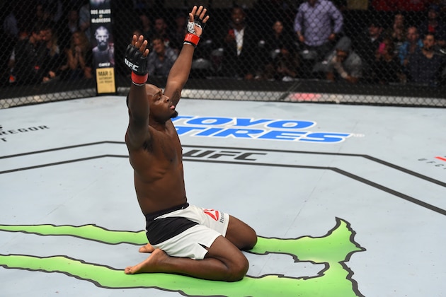 PITTSBURGH, PA - FEBRUARY 21:  Derek Brunson celebrates his knockout victory over Roan Carneiro in their middleweight bout during the UFC Fight Night event at Consol Energy Center on February 21, 2016 in Pittsburgh, Pennsylvania. (Photo by Jeff Bottari/Zuffa LLC/Zuffa LLC via Getty Images)