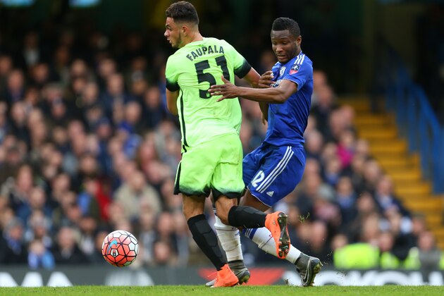 LONDON, ENGLAND - FEBRUARY 21:  John Obi Mikel of Chelsea and David Faupala of Manchester City during the Emirates FA Cup match between Chelsea and Manchester City at Stamford Bridge on February 21, 2016 in London, England.  (Photo by Catherine Ivill - AMA/Getty Images)
