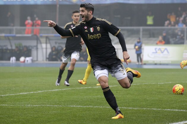 Juventus forward Alvaro Morata celebrates after scoring during a Serie A soccer match against Chievo Verona, at the Bentegodi stadium in Verona, Italy, Sunday, Jan. 31, 2016. (Filippo Venezia/ANSA via AP)