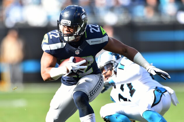 CHARLOTTE, NC - JANUARY 17:  Running back Fred Jackson #22 of the Seattle Seahawks carries the ball during the NFC Divisional Playoff Game against the Carolina Panthers at Bank of America Stadium on January 17, 2016 in Charlotte, North Carolina.  (Photo by Ronald C. Modra/Sports Imagery/Getty Images)