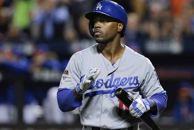 Los Angeles Dodgers shortstop Jimmy Rollins (11) reacts after striking out against the New York Mets during the first inning of baseball's Game 3 of the National League Division Series, Monday, Oct. 12, 2015, in New York. (AP Photo/Julie Jacobson)