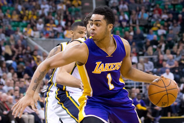 Jan 16, 2016; Salt Lake City, UT, USA; Los Angeles Lakers guard D'Angelo Russell (1) dribbles the ball during the second half against the Utah Jazz at Vivint Smart Home Arena. The Jazz won 109-82. Mandatory Credit: Russ Isabella-USA TODAY Sports