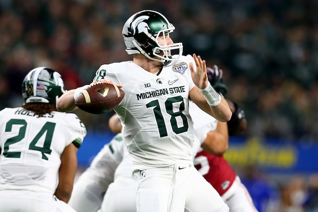 ARLINGTON, TX - DECEMBER 31: Connor Cook #18 of the Michigan State Spartans looks to pass against the Alabama Crimson Tide in the first quarter of the Goodyear Cotton Bowl at AT&T Stadium on December 31, 2015 in Arlington, Texas. (Photo by Tom Pennington/Getty Images) ARLINGTON, TX - DECEMBER 31: Connor Cook #18 of the Michigan State Spartans looks to pass against the Alabama Crimson Tide in the first quarter of the Goodyear Cotton Bowl at AT&T Stadium on December 31, 2015 in Arlington, Texas. (Photo by Tom Pennington/Getty Images)