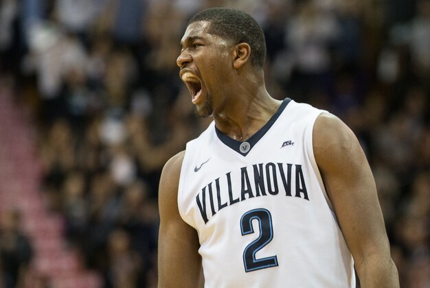 Feb 20, 2016; Villanova, PA, USA; Villanova Wildcats forward Kris Jenkins (2) reacts to a score against the Butler Bulldogs during the second half at The Pavilion. The Villanova Wildcats won 77-67. Mandatory Credit: Bill Streicher-USA TODAY Sports