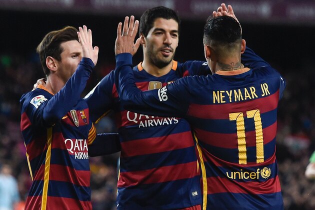 Barcelona's Brazilian forward Neymar (R) celebrates his goal with Barcelona's Argentinian forward Lionel Messi (L) and Barcelona's Uruguayan forward Luis Suarez during the Spanish league football match FC Barcelona vs RC Celta de Vigo at the Camp Nou stadium in Barcelona on February 14, 2016.

 / AFP / JOSEP LAGO        (Photo credit should read JOSEP LAGO/AFP/Getty Images)