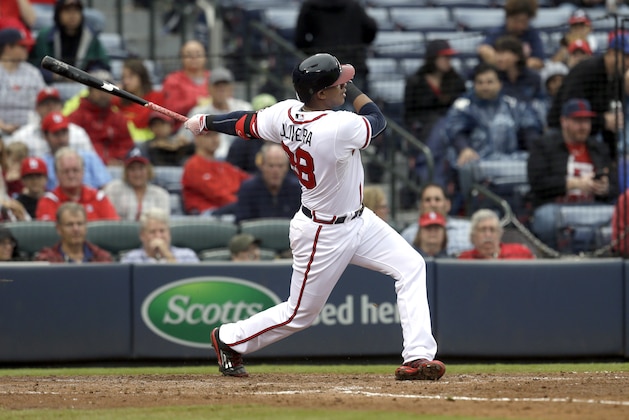 ATLANTA GA - OCTOBER 4: Hector Olivera #28 of the Atlanta Braves swings at a pitch during the sixth inning of the second baseball game in a double header against the St. Louis Cardinals at Turner Field on October 4, 2015, in Atlanta, Georgia. (Photo by Butch Dill/Getty Images)
