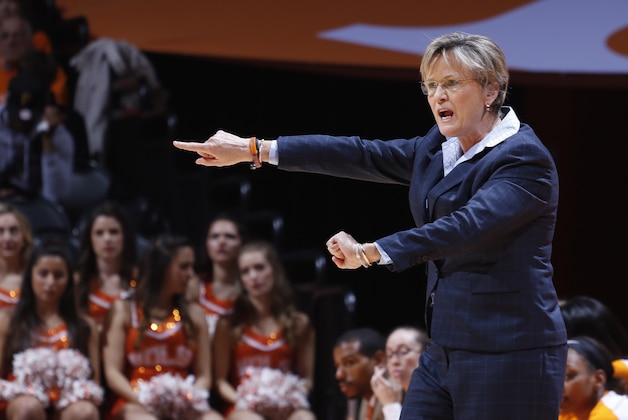KNOXVILLE, TN - JANUARY 31:   Head Coach Holly Warlick of the Tennessee Lady Volunteers shouts across court against the Alabama Crimson Tide in a game at Thompson-Boling Arena on January 31, 2016 in Knoxville, Tennessee.  (Photo by Patrick Murphy-Racey/Getty Images)
