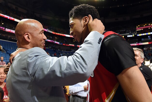 NEW ORLEANS, LA - APRIL 15:  Anthony Davis #23 embraces head coach Monty Williams after the New Orleans Pelicans clinch a playoff berth with a victory over the San Antonio Spurs at the Smoothie King Center on April 15, 2015 in New Orleans, Louisiana. NOTE TO USER: User expressly acknowledges and agrees that, by downloading and or using this photograph, User is consenting to the terms and conditions of the Getty Images License Agreement.  (Photo by Stacy Revere/Getty Images)