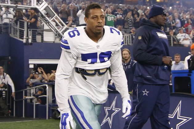 Dallas Cowboys defensive end Greg Hardy jots out onto the field with the team for an NFL football game against the New York Jets on Saturday, Dec. 19, 2015, in Arlington, Texas. (AP Photo/Roger Steinman)