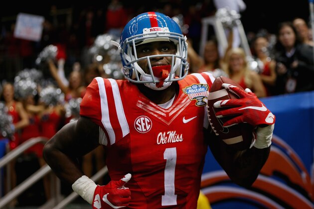 NEW ORLEANS, LA - JANUARY 01:  Laquon Treadwell #1 of the Mississippi Rebels celebrates his touchdown against the Oklahoma State Cowboys during the second quarter of the Allstate Sugar Bowl at Mercedes-Benz Superdome on January 1, 2016 in New Orleans, Louisiana.  (Photo by Chris Graythen/Getty Images)