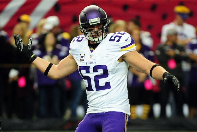ATLANTA, GA - NOVEMBER 29: Chad Greenway #52 of the Minnesota Vikings warms up prior to the game against the Atlanta Falcons at the Georgia Dome on November 29, 2015 in Atlanta, Georgia.  (Photo by Scott Cunningham/Getty Images)