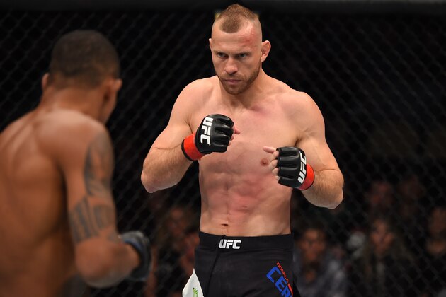 PITTSBURGH, PA - FEBRUARY 21:  (R-L) Donald Cerrone circles Alex Oliveira in their welterweight bout during the UFC Fight Night event at Consol Energy Center on February 21, 2016 in Pittsburgh, Pennsylvania. (Photo by Jeff Bottari/Zuffa LLC/Zuffa LLC via Getty Images)