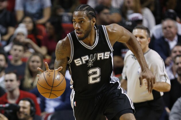 San Antonio Spurs forward Kawhi Leonard is shown during the second half of an NBA basketball game against the Miami Heat, Tuesday, Feb. 9, 2016, in Miami. The Spurs defeated the Heat 119-101. (AP Photo/Wilfredo Lee)