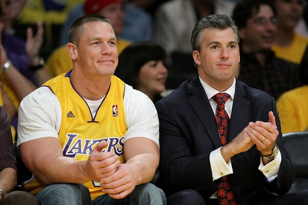 LOS ANGELES, CA - MAY 21:  John Cena (L) and Shane McMahon (R) attend Game Two of the Western Conference Finals during the 2009 NBA Playoffs between the Los Angeles Lakers and the Denver Nuggets at Staples Center on May 21, 2009 in Los Angeles, California.  (Photo by Noel Vasquez/Getty Images)