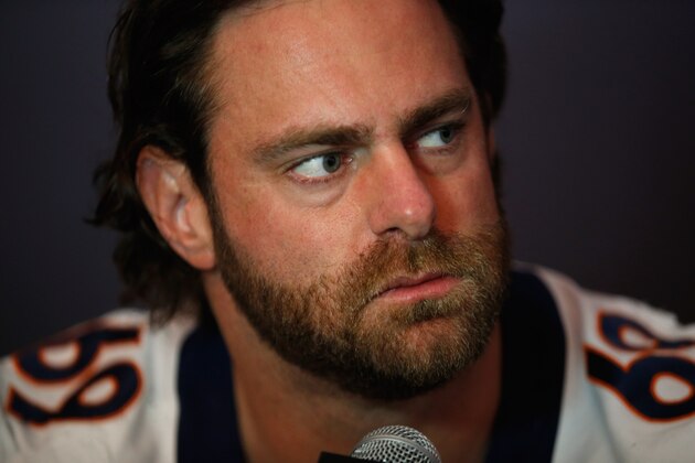 SANTA CLARA, CA - FEBRUARY 04:  Evan Mathis #69 of the Denver Broncos speaks to the media during the Broncos media availability for Super Bowl 50 at the Stanford Marriott on February 4, 2016 in Santa Clara, California. The Broncos will play the Carolina Panthers in Super Bowl 50 on February 7, 2016.  (Photo by Ezra Shaw/Getty Images)