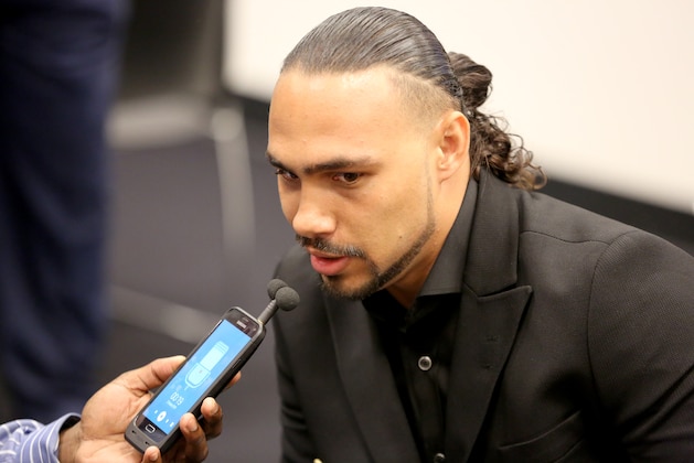 WBA Welterweight Champion Keith Thurman is seen being interviewed at a media round table at the Barclays Center in Brooklyn, on Saturday, August 1, 2015. (AP Photo/Gregory Payan)