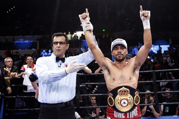 TAMPA, FL - JULY 11:  Keith Thurman celebrates in the ring following a corner stoppage by Luis Collazo during their WBA Welterweight fight on July 11, 2015 at the USF Sun Dome in Tampa, Florida.  (Photo by Brian Blanco/Getty Images)