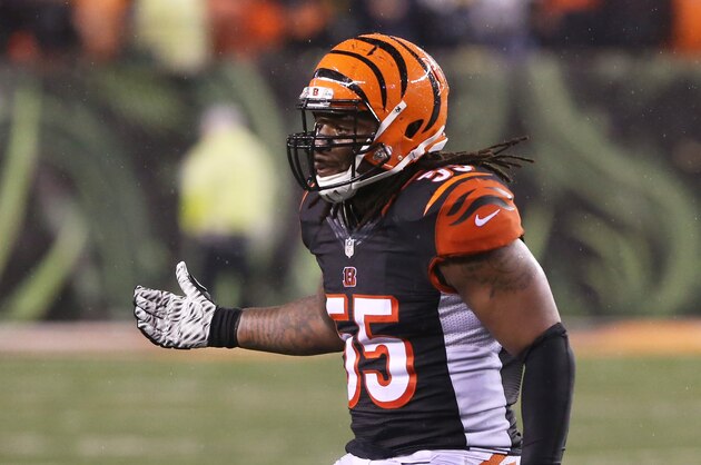 Jan 9, 2016; Cincinnati, OH, USA; Cincinnati Bengals outside linebacker Vontaze Burfict (55) against the Pittsburgh Steelers during a AFC Wild Card playoff football game at Paul Brown Stadium. Mandatory Credit: Aaron Doster-USA TODAY Sports