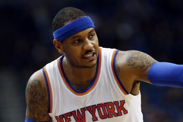 New York Knicks' Carmelo Anthony plays during the first quarter of an NBA basketball game against the Minnesota TimberwolvesSaturday, Feb. 20, 2016, in Minneapolis. (AP Photo/Jim Mone)
