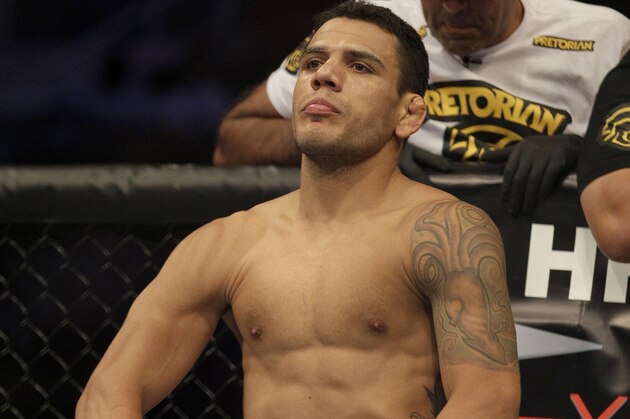 Rafael Dos Anjos, from Brazil, shown before a UFC on Fuel 4 Mixed Martial Arts lightweight bout against Anthony Njokuani in San Jose, Calif., Wednesday, July 11, 2012. (AP Photo/Jeff Chiu)