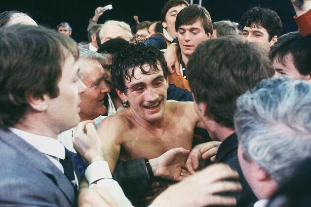 LONDON - JUNE 8 :  Barry McGuigan of Northern Ireland celebrates after beating  WBA Champion Eusebio Pedroza of Panama at Loftus Road Stadium,London on the 8th of June 1985. Barry McGuigan won by a points decision after 15 rounds to become the new WBA Champion of the world. (Photo by Steve Powell/Getty Images)