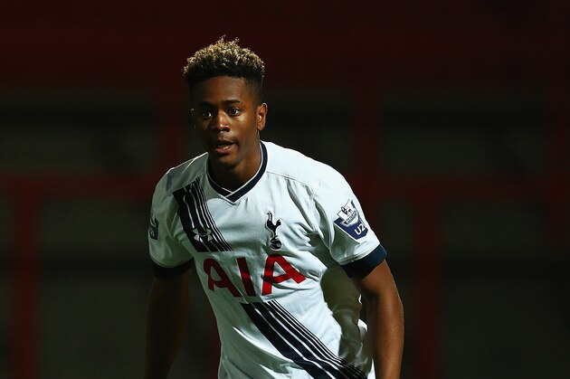 STEVENAGE, ENGLAND - OCTOBER 23:  Shayon Harrison of Tottenham Hotspur  in action during the Barclays U21 Premier League match between Tottenham Hotspur U21 and Liverpool U21 at The Lamex Stadium on October 23, 2015 in Stevenage, England.  (Photo by Matthew Lewis/Getty Images)