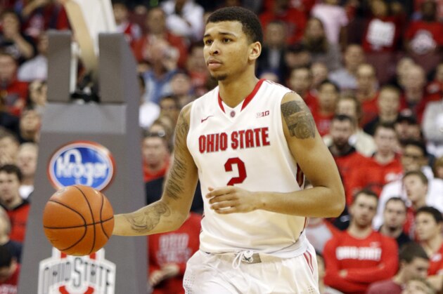 Ohio State's Marc Loving drives against Maryland during an NCAA college basketball game in Columbus, Ohio, Sunday, Jan. 31, 2016. Maryland won 66-61. (AP Photo/Paul Vernon)