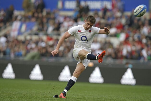 England’s Owen Farrell kicks a conversion during the Six Nations rugby union match between Italy and England, in Rome's Olympic stadium, Sunday, Feb. 14, 2016. (AP Photo/Andrew Medichini)