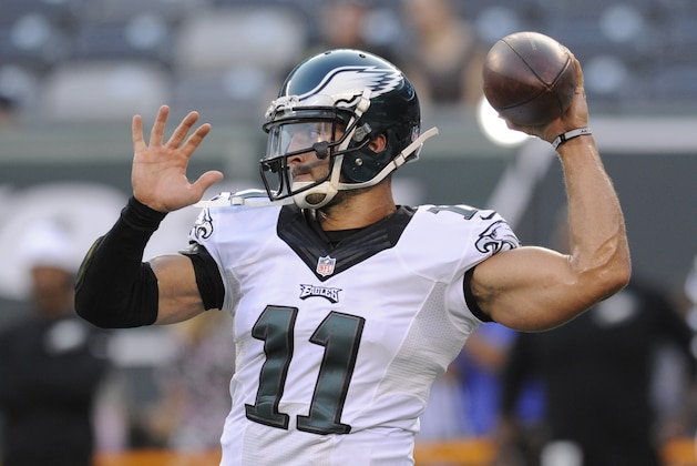 Philadelphia Eagles quarterback Tim Tebow (11) throws a pass before a preseason NFL football game against the New York Jets Thursday, Sept. 3, 2015  in East Rutherford, N.J. (AP Photo/Bill Kostroun)
