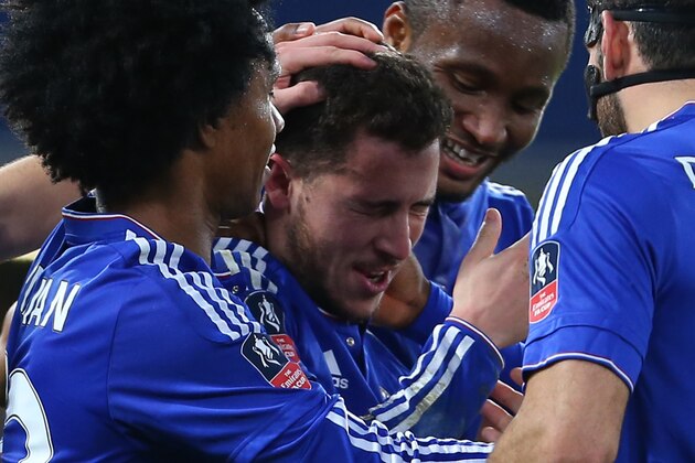 LONDON, ENGLAND - FEBRUARY 21:  Eden Hazard of Chelsea celebrates after he scores a goal from a free kick to make it 4-1 with his team mates during the Emirates FA Cup match between Chelsea and Manchester City at Stamford Bridge on February 21, 2016 in London, England.  (Photo by Catherine Ivill - AMA/Getty Images)