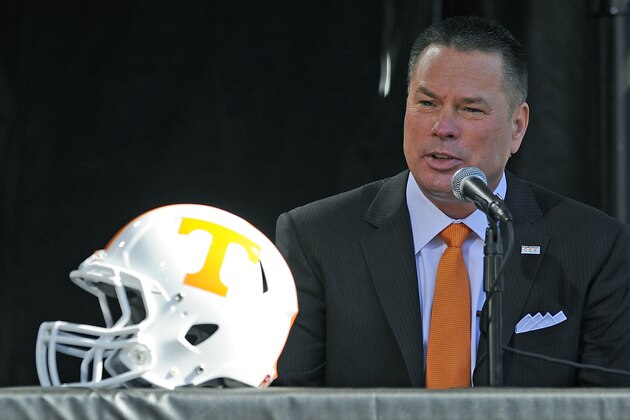 BRISTOL, TN - OCTOBER 14:  Butch Jones, Tennessee Head Coach, speaks during a press conference at Bristol Motor Speedway on October 14, 2013 in Bristol, Tennessee. Bristol Motor Speedway plans to transform the legendary Speedway into the world's largest football stadium for the inaugural Battle at Bristol, College Football's Biggest EVER game to be held on Saturday, September 10, 2016. The event will feature a border battle between the Virginia Tech Hokies and Tennessee Volunteers and is projected to set the NCAA record for highest single-game attendance.  (Photo by Jared C. Tilton/Getty Images for Bristol Motor Speedway)