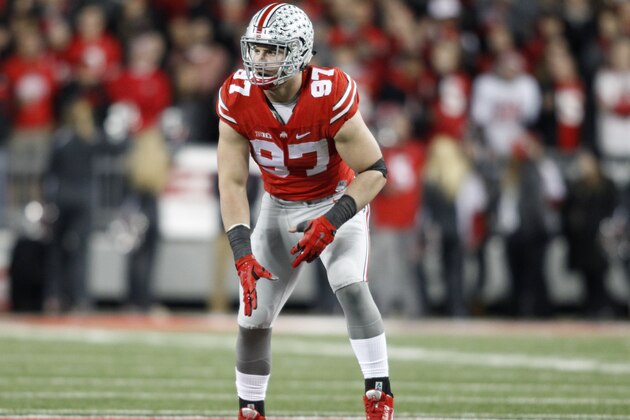 Ohio State lineman Joey Bosa is seen   during an NCAA college football game against Minnesota Saturday, Nov. 7, 2015, in Columbus, Ohio. Ohio State beat Minnesota 28-14. (AP Photo/Paul Vernon)