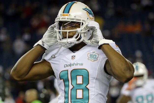 Miami Dolphins wide receiver Rishard Matthews adjusts his helmet before an NFL football game against the New England Patriots, Thursday, Oct. 29, 2015, in Foxborough, Mass. (AP Photo/Steven Senne)