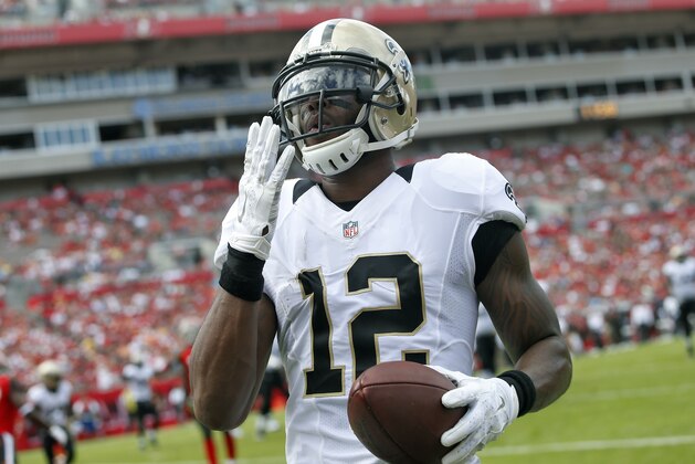 New Orleans Saints wide receiver Marques Colston (12) celebrates after his 1-yard touchdown reception during the second quarter of an NFL football game against the Tampa Bay Buccaneers Sunday, Dec. 13, 2015, in Tampa, Fla. (AP Photo/Brian Blanco)