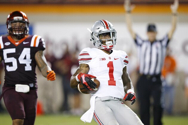 BLACKSBURG, VA - SEPTEMBER 7: Braxton Miller #1 of the Ohio State Buckeyes runs for a 53-yard touchdown in the third quarter against the Virginia Tech Hokies at Lane Stadium on September 7, 2015 in Blacksburg, Virginia. Ohio State defeated Virginia Tech 42-24. (Photo by Joe Robbins/Getty Images)