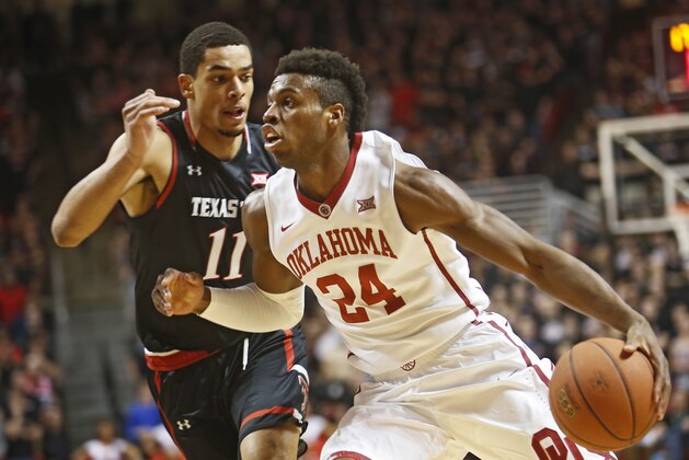 Oklahoma's Buddy Hield dribbles the ball past Texas Tech's Zach Smith during the first half of an NCAA college basketball game on Wednesday, Feb. 17, 2016 in Lubbock, Texas. (AP Photo/Brad Tollefson)