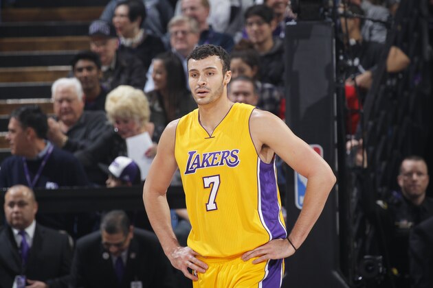 SACRAMENTO, CA - JANUARY 7: Larry Nance Jr. #7 of the Los Angeles Lakers looks on during the game against the Sacramento Kings on January 7, 2016 at Sleep Train Arena in Sacramento, California. NOTE TO USER: User expressly acknowledges and agrees that, by downloading and or using this photograph, User is consenting to the terms and conditions of the Getty Images Agreement. Mandatory Copyright Notice: Copyright 2016 NBAE (Photo by Rocky Widner/NBAE via Getty Images)