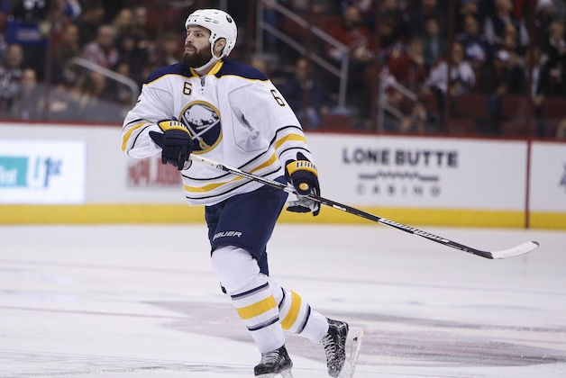 Buffalo Sabres defenseman Mike Weber (6) in the first period during an NHL hockey game against the Arizona Coyotes, Monday, Jan. 18, 2016, in Glendale, Ariz. (AP Photo/Rick Scuteri)