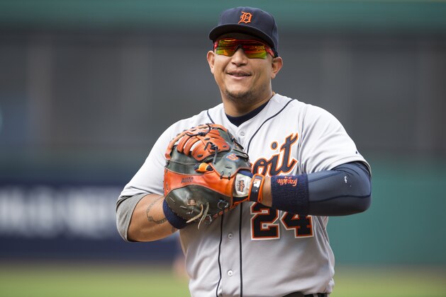 CLEVELAND, OH - SEPTEMBER 13: First baseman Miguel Cabrera #24 of the Detroit Tigers on the field during the fourth inning against the Cleveland Indians during game one of a double header at Progressive Field on September 13, 2015 in Cleveland, Ohio. (Photo by Jason Miller/Getty Images)